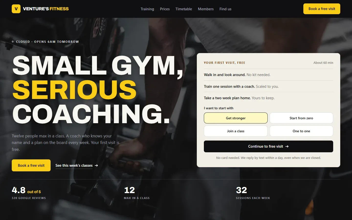 Sample fitness studio website homepage with class timings and enquiry buttons