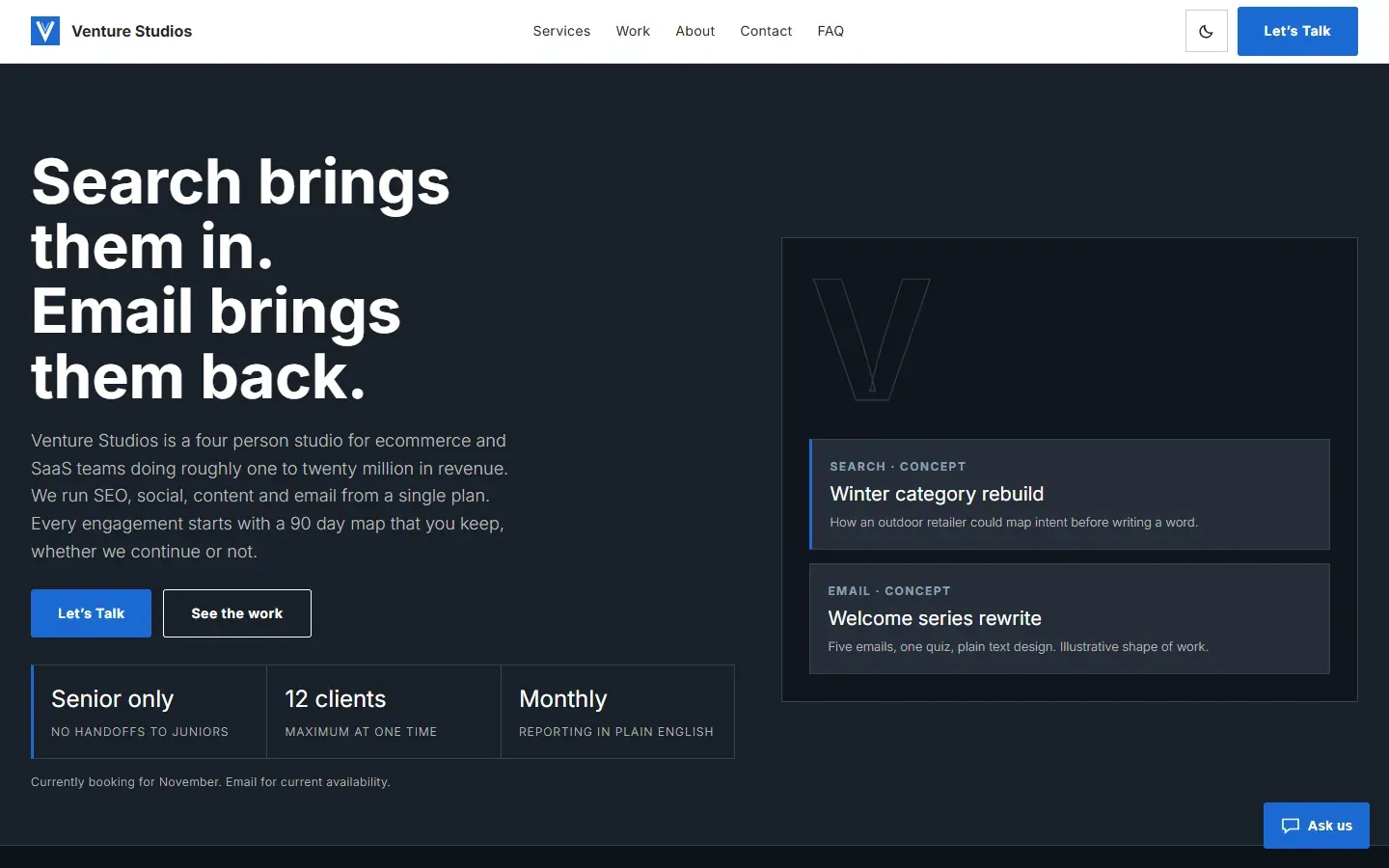 Sample one-page agency website homepage with services and contact sections